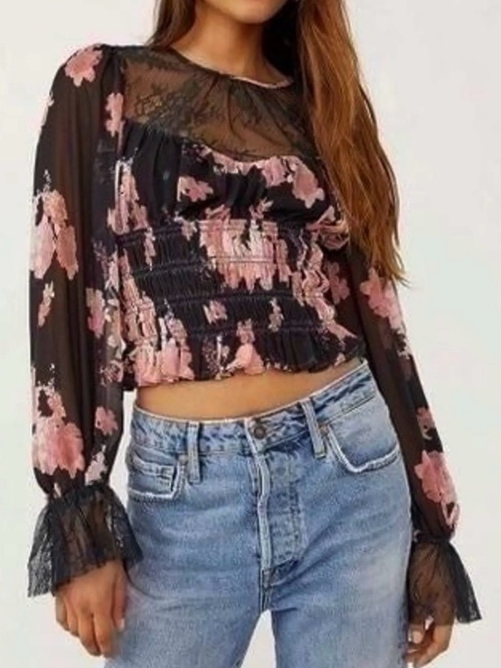 NWT Free People Daphne Black Floral Lace Ruched Top Size Small Retail $128.00